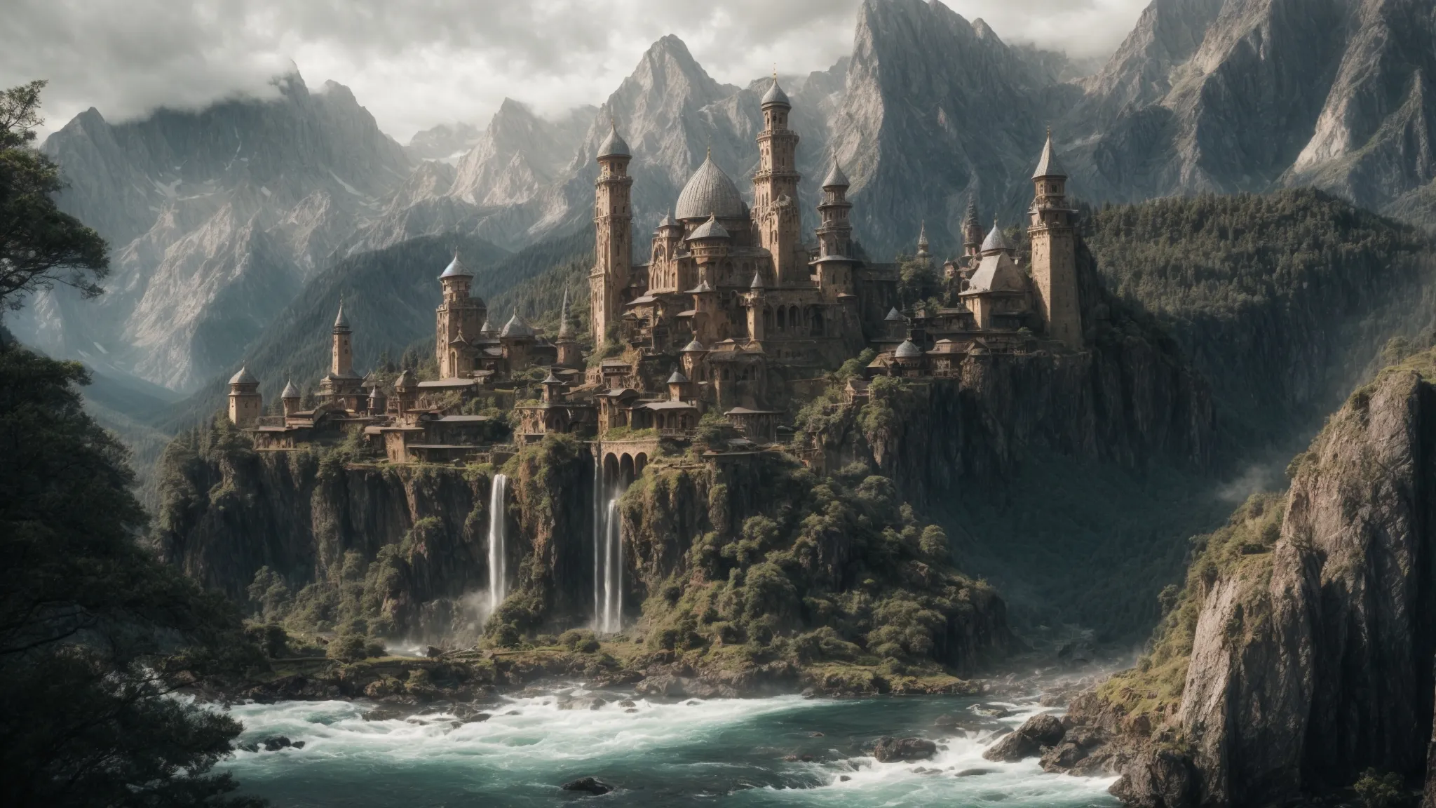 a sprawling fantasy landscape unveils an ancient city bordered by mystical forests and towering mountains, with adventurers on the cusp of discovery.
