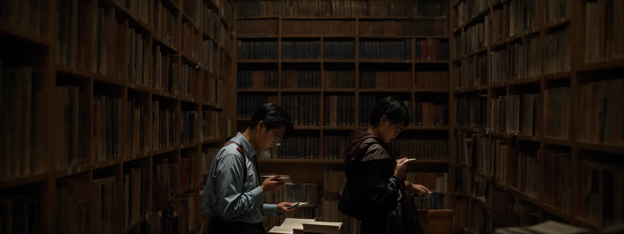 a scholar poring over books and notes, surrounded by library shelves.