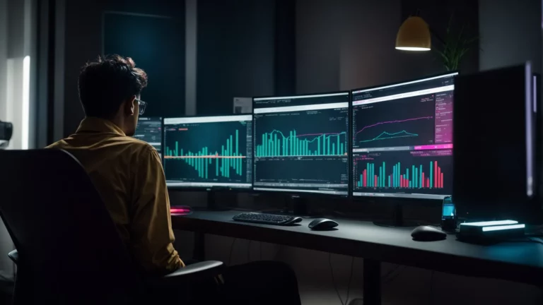a person sits before a dual-monitor computer setup, analyzing a colorful data dashboard displaying search trends and keyword performance.