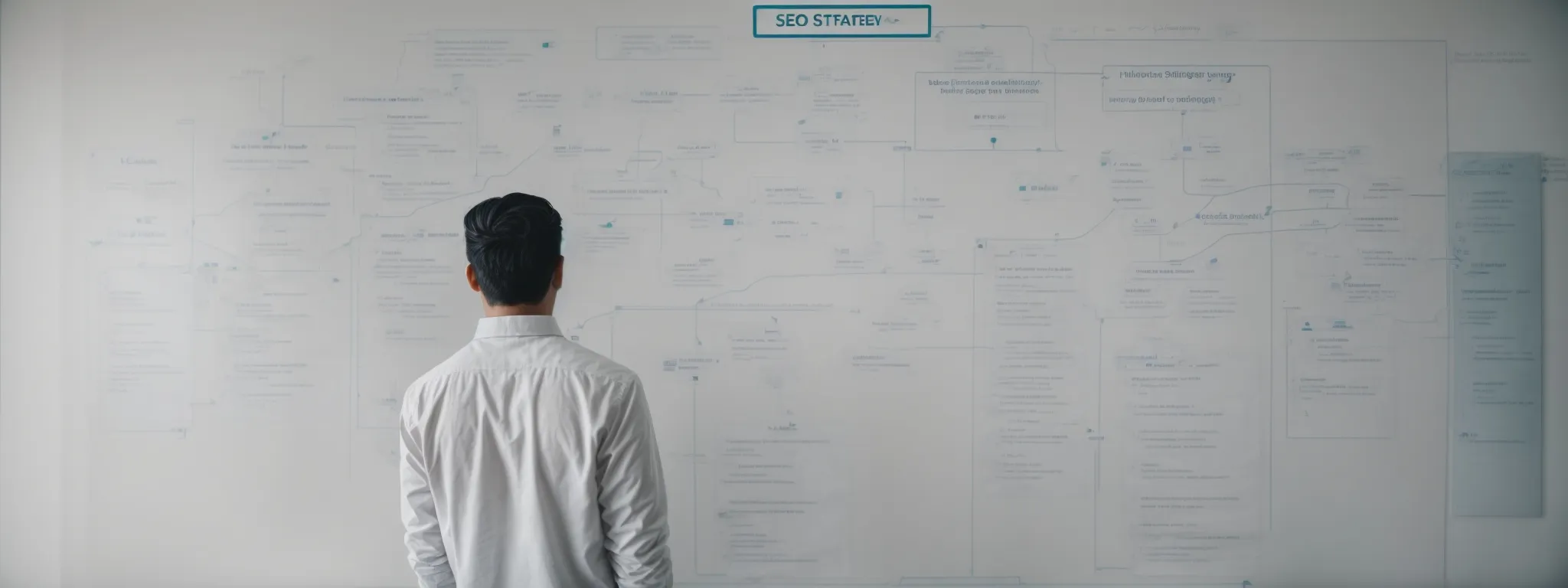 a person standing before a large whiteboard, with a flowchart depicting various stages of an seo strategy.
