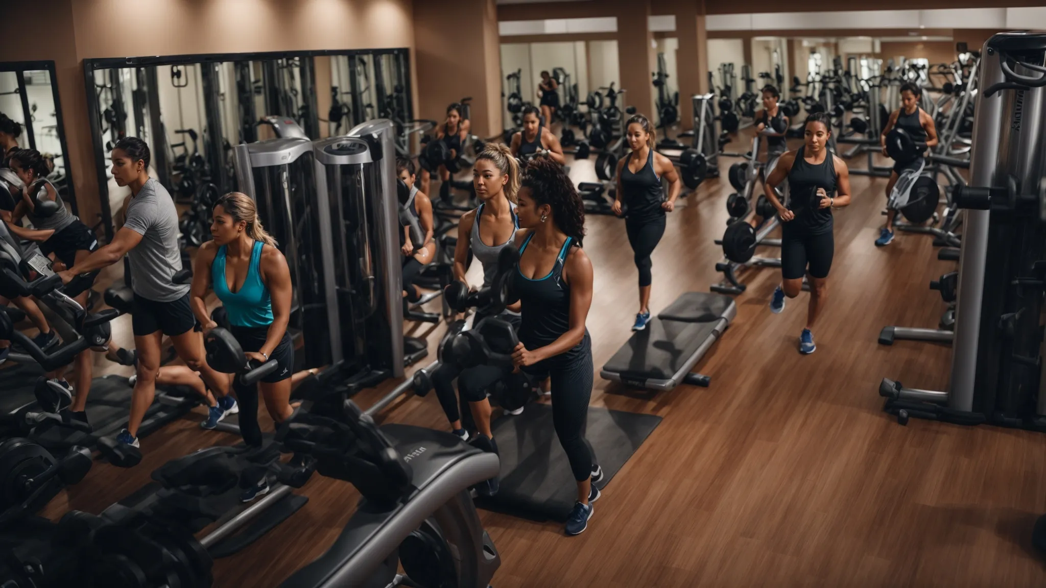 a fitness center bustling with activity as members engage in various workouts.