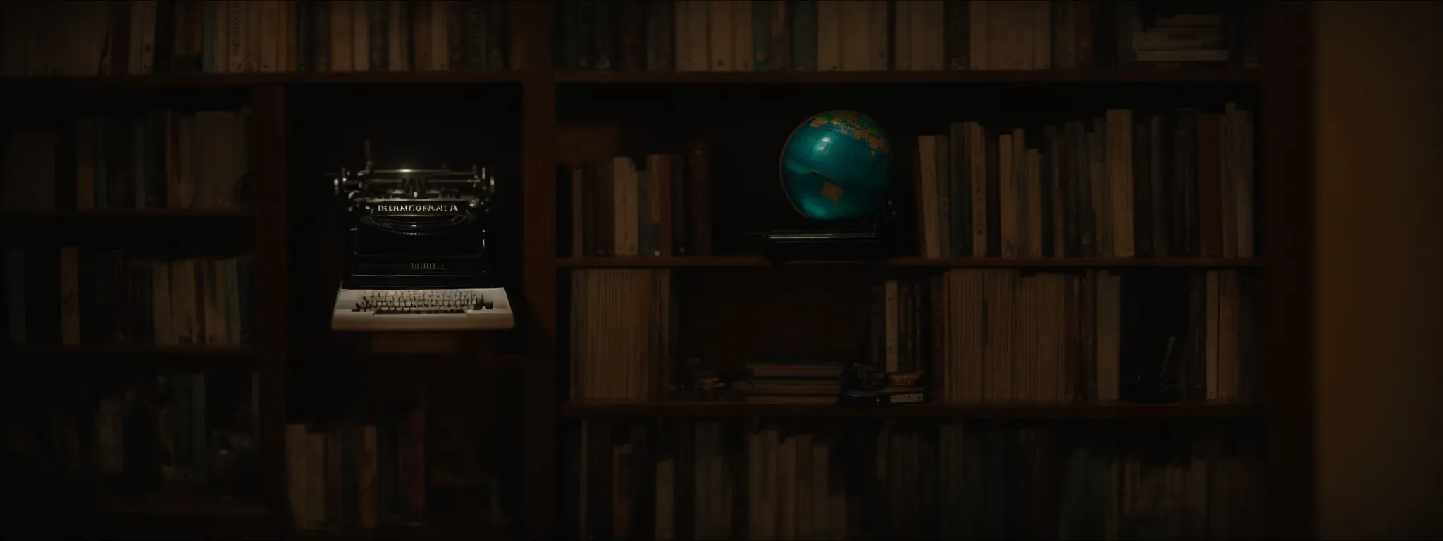 a filled bookshelf under soft lighting with a vintage typewriter and a globe.
