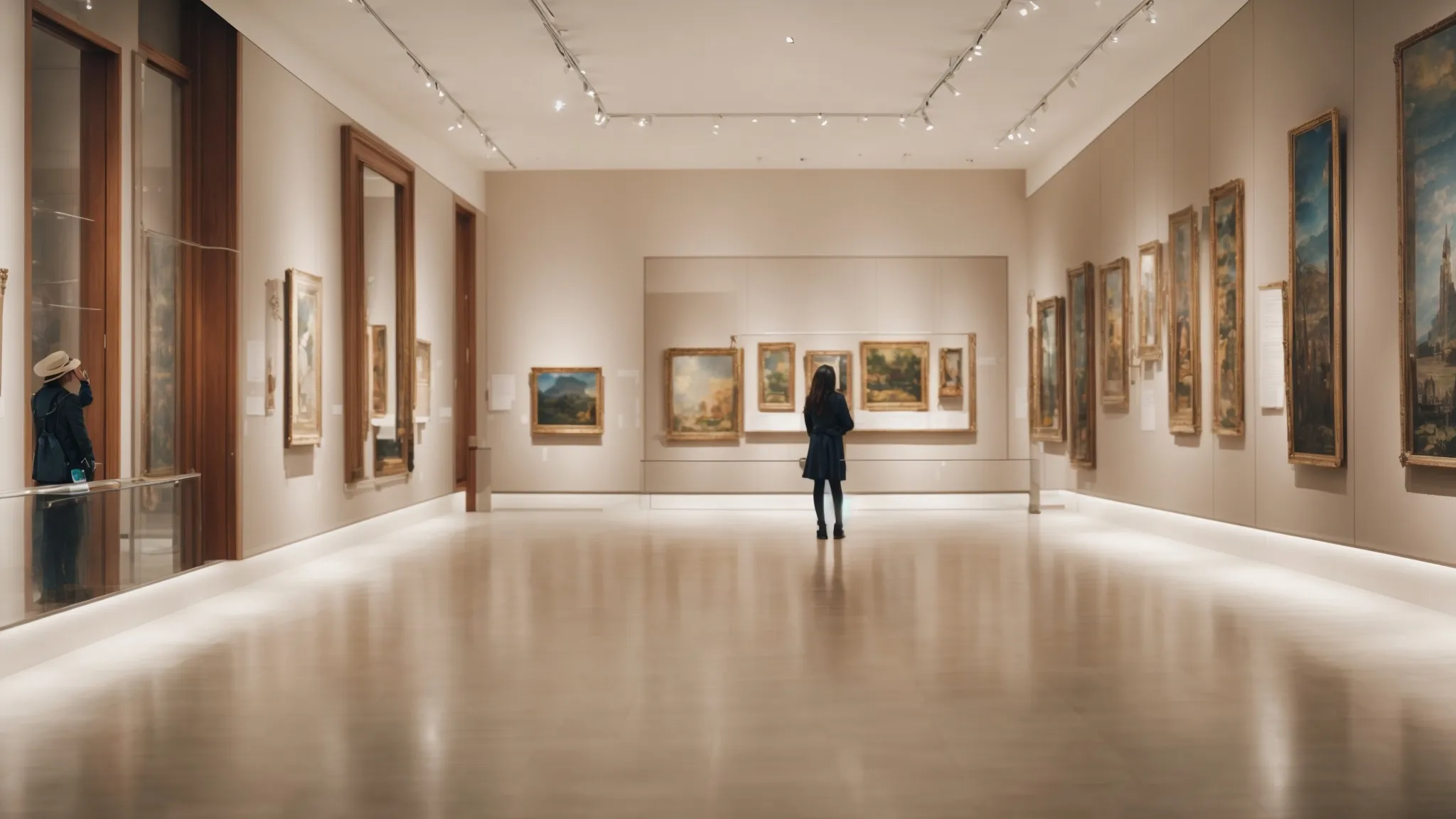a person confidently navigating a clean, spacious museum gallery with clearly marked sections and interactive guideposts.