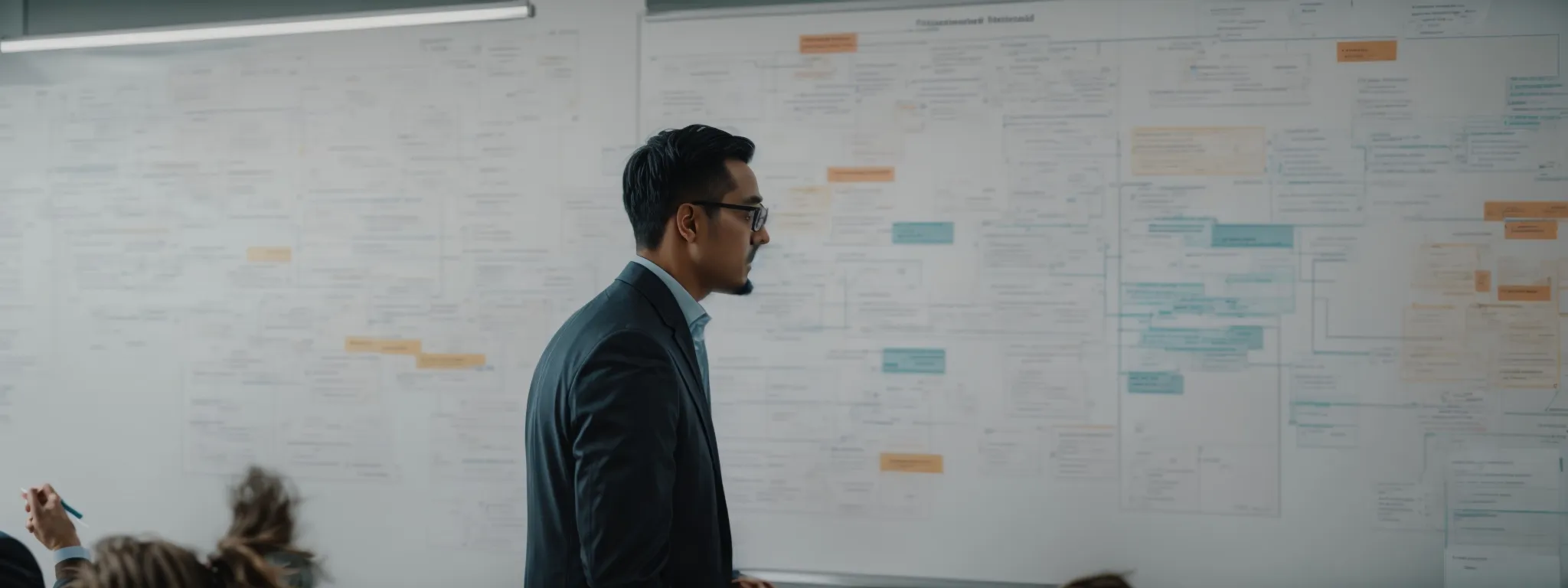 a professional deliberating over a whiteboard filled with various interconnected keyword clusters and hierarchy charts.