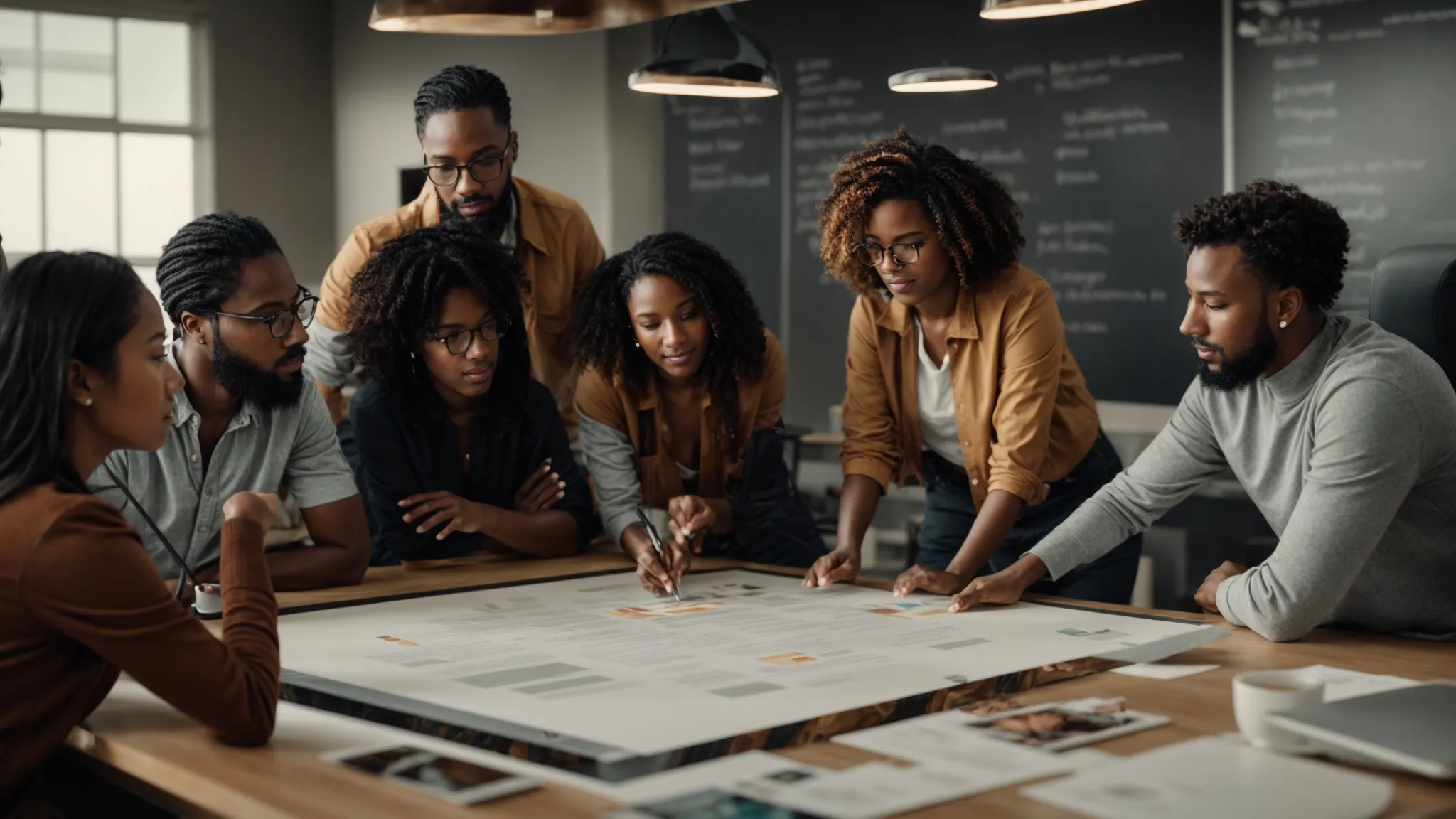 a group of diverse people gathered around a digital marketing strategy board, actively engaging in a collaborative discussion.