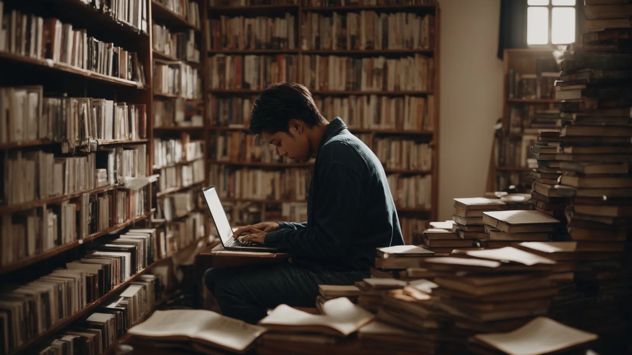 a person typing on a laptop amidst a stack of books, reflecting focused content creation.