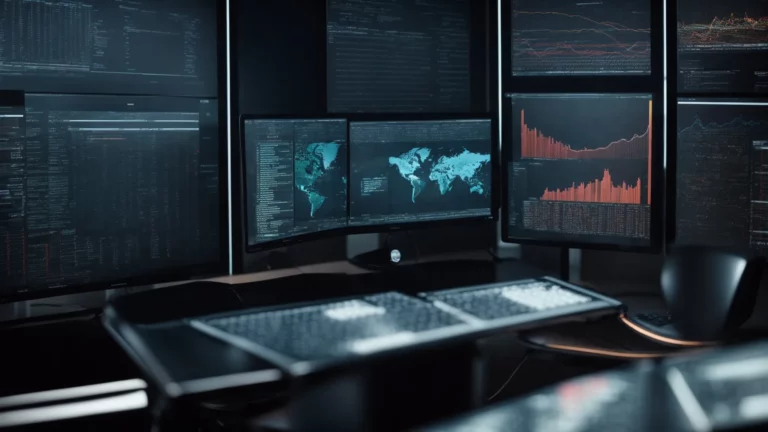 a person seated before multiple computer screens, revealing complex algorithms and data analysis visualizations.