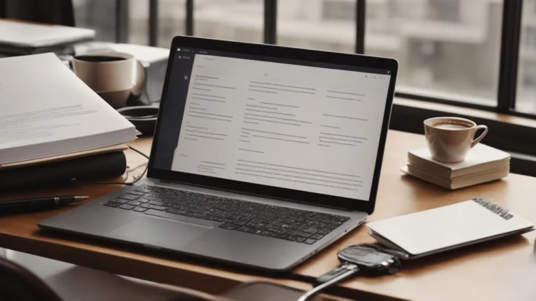 a laptop open to a search engine results page sits next to a notepad with a bulleted list and a cup of coffee on a clean, modern desk.