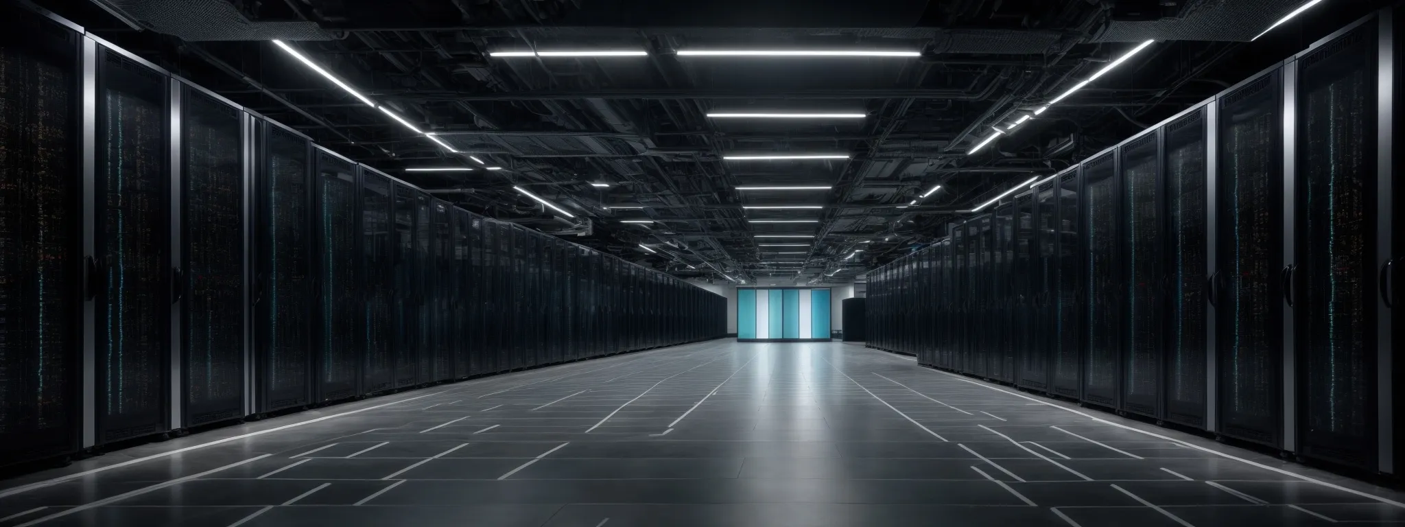 a sprawling data center with rows of server racks, symbolizing the digital realm where generative ai and seo intersect.