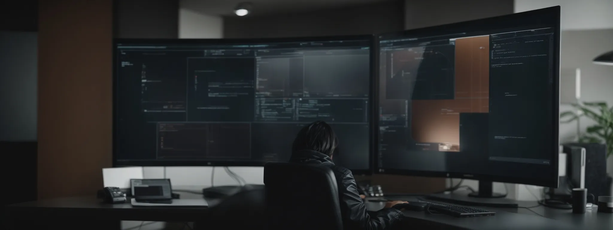a developer interacts with a sophisticated ai interface on a large monitor, streamlining the web development process.