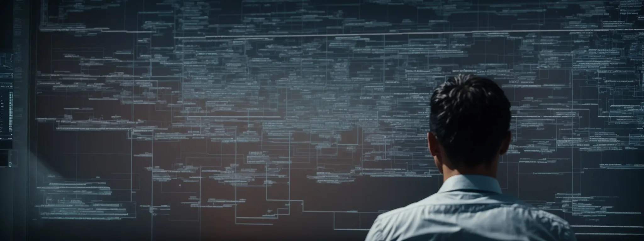 a person gazes at a large computer screen displaying a complex flowchart symbolizing an ai-powered seo analysis.