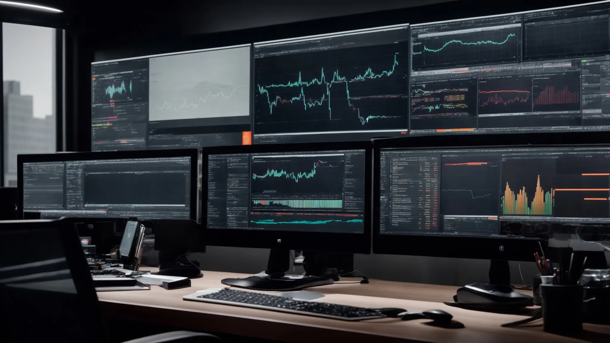 a sleek, modern workspace with multiple computer monitors displaying graphs and analytics tools, illustrating a digital content management system in action.