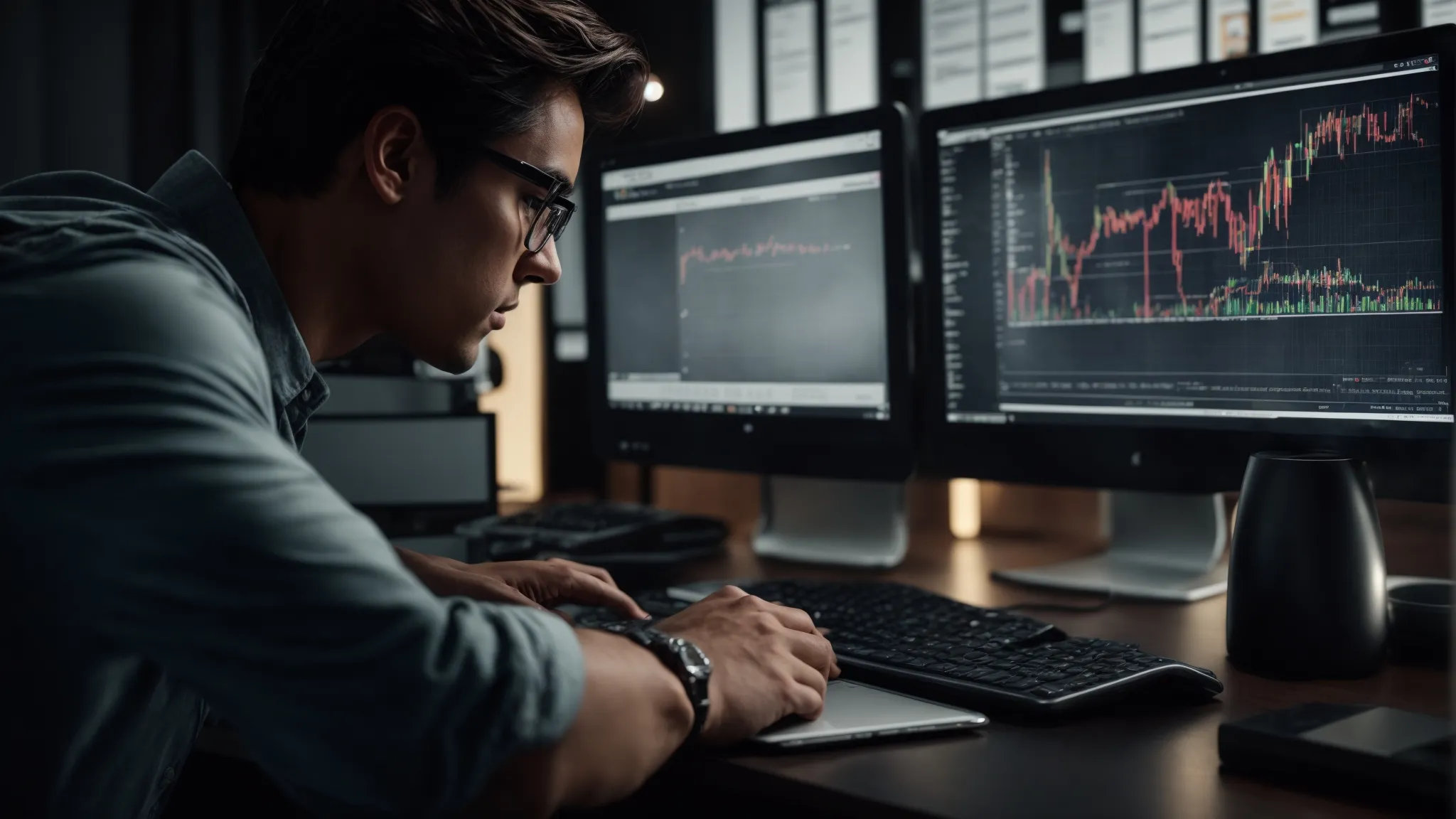 an seo expert analyzes data on a computer screen, optimizing website content for search engine algorithms.