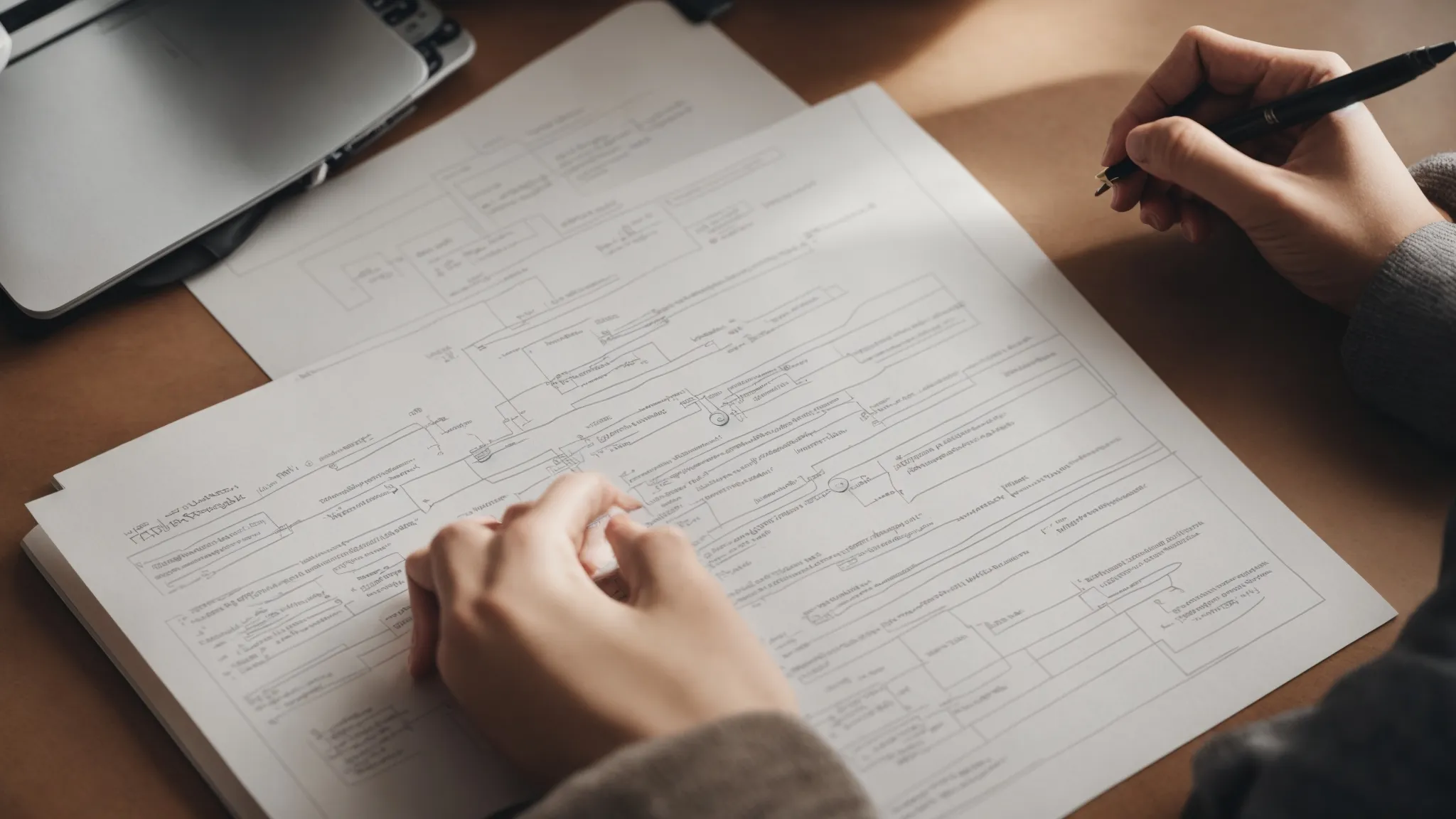 a designer thoughtfully sketches a streamlined flowchart illustrating the stages of user interaction on a website's contact page.