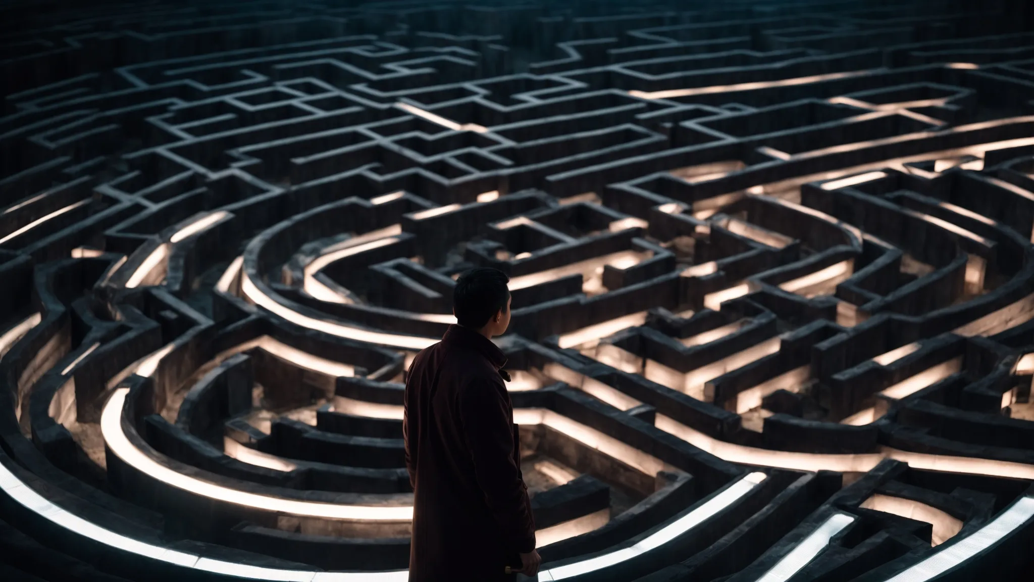 a person standing in front of a large, complex maze, with the maze's exit sign glowing like a beacon in the distance.