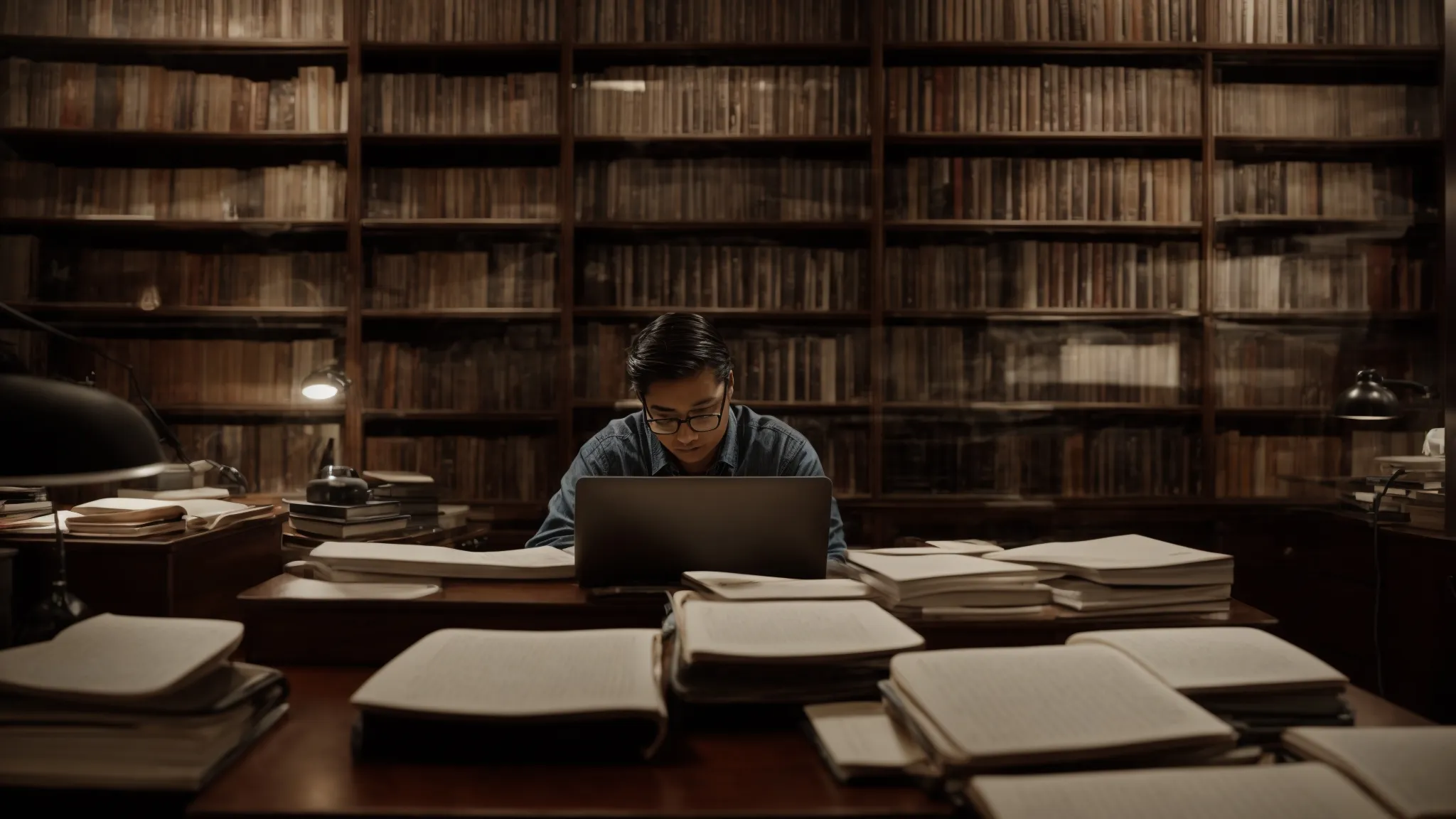 a person sits at a desk, surrounded by books and a computer with google scholar on the screen, immersed in research.