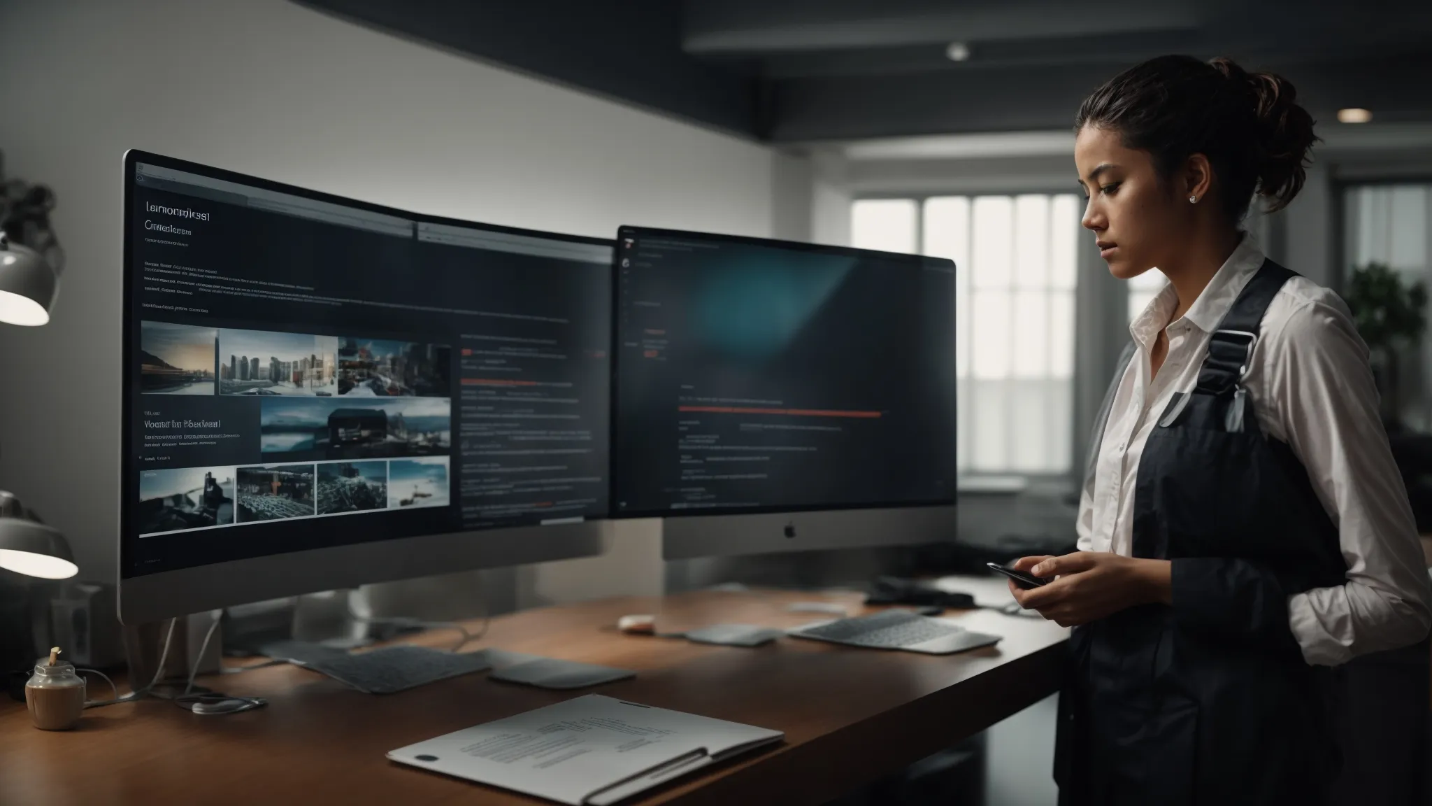 a person in a room looking determined while interacting with a large screen displaying a website's interface.