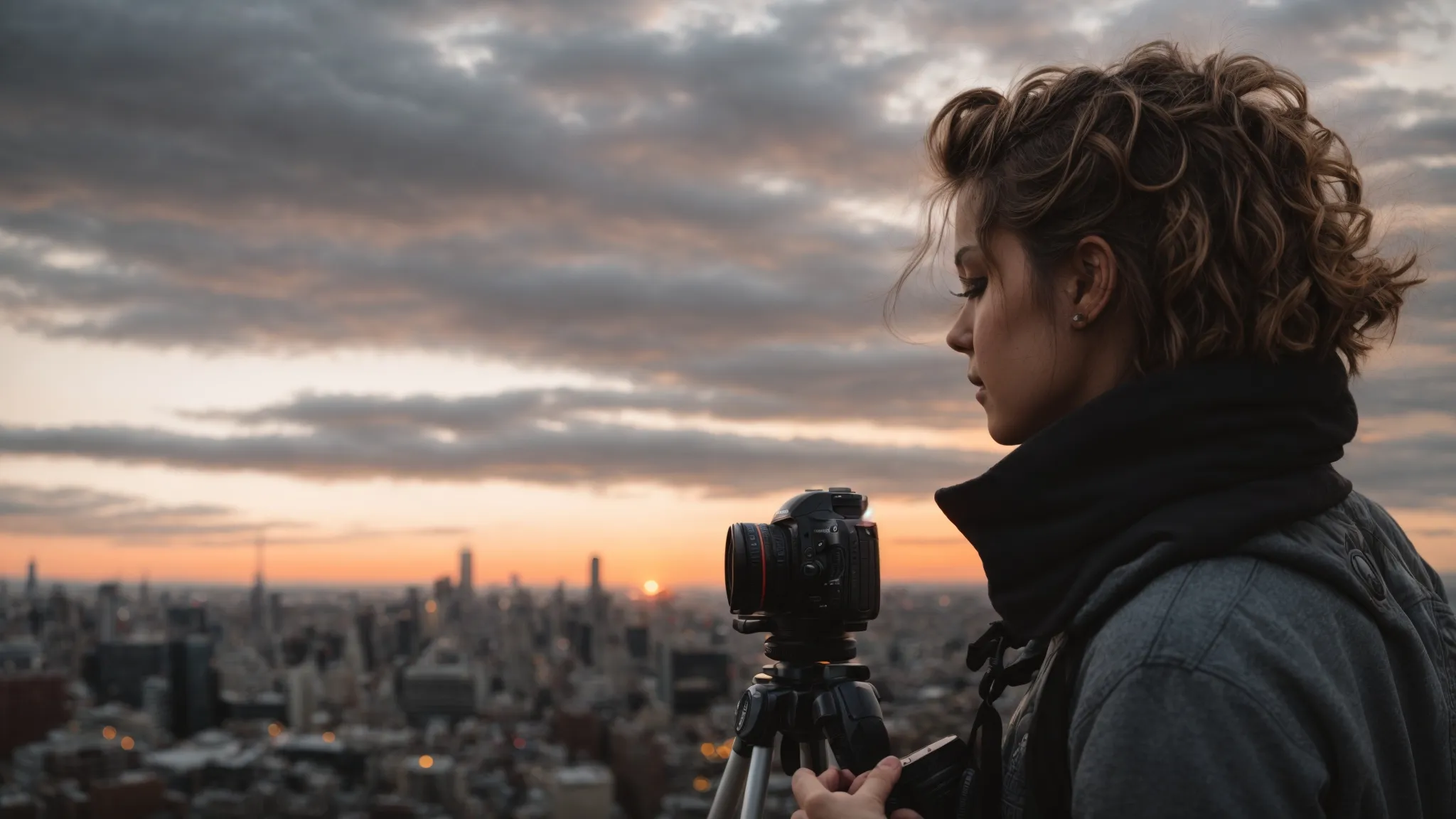 a budding vlogger adjusts their camera on a tripod, overlooking a bustling cityscape during golden hour.