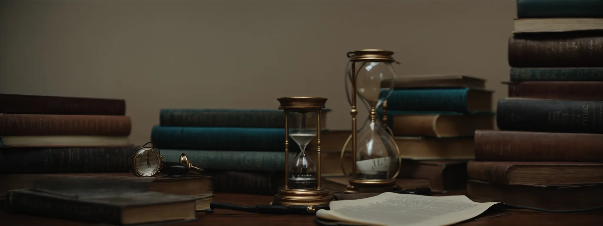 an hourglass surrounded by old books and a magnifying glass lying on a desk.