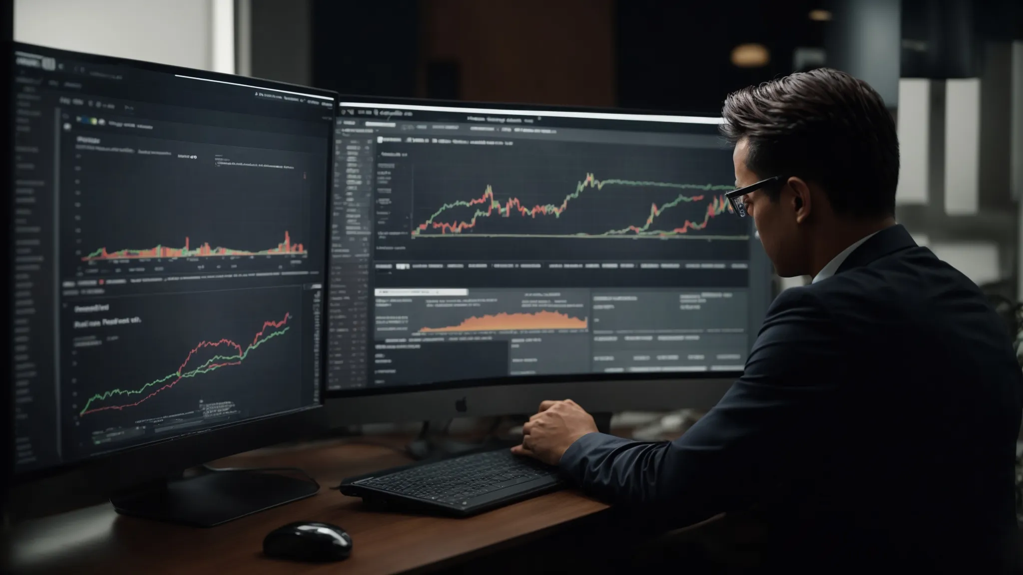 a marketer reviews analytics on a computer screen showing search engine rankings and keyword trends.