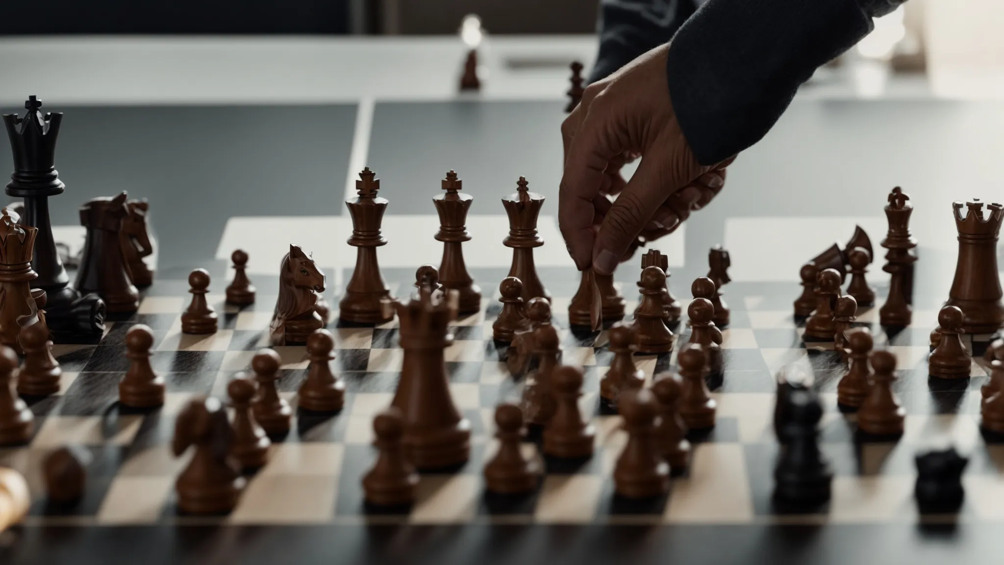 a strategist places chess pieces on a board, symbolizing seo tactics in the game of search engine rankings.
