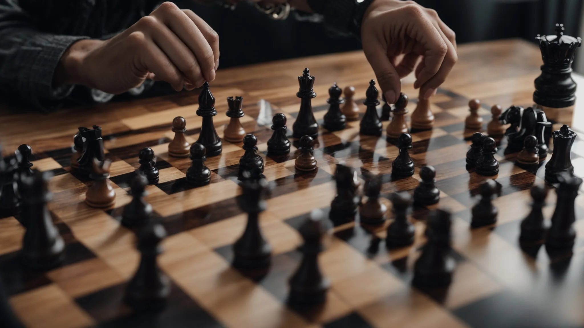a digital marketer strategically places chess pieces on a board, symbolizing seo planning.