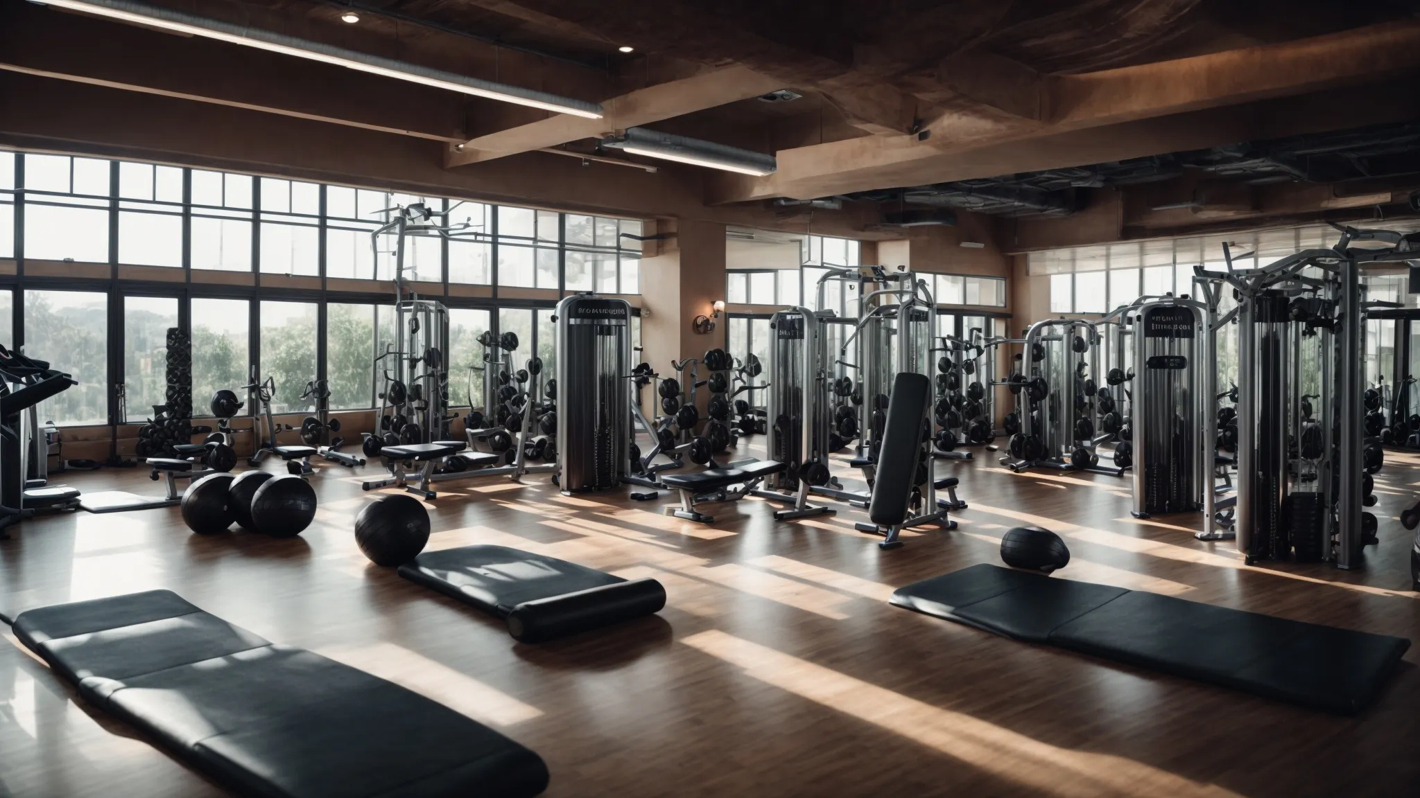 a panoramic view of a well-equipped gym interior bustling with fitness enthusiasts engaged in various workouts.