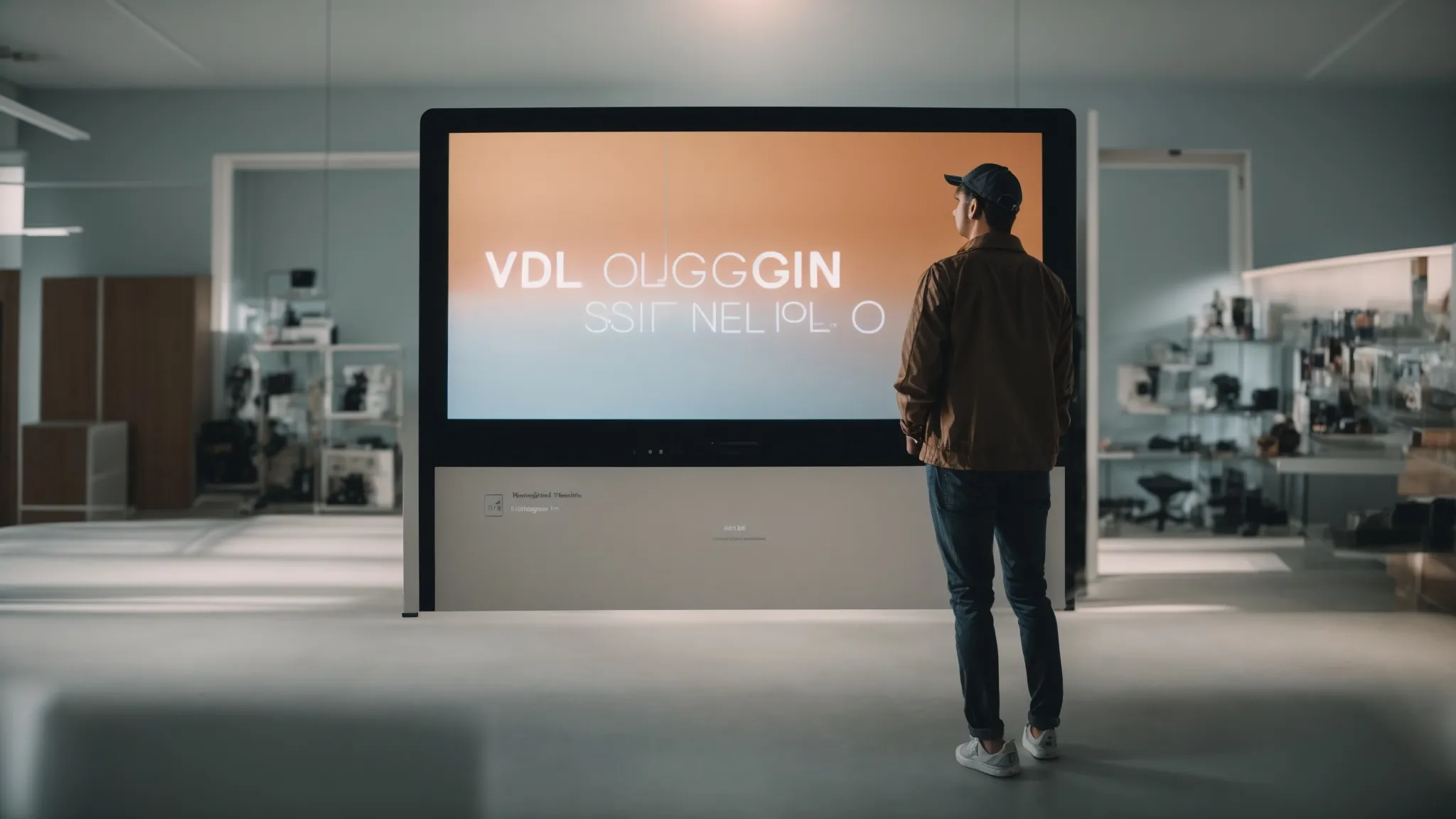 a creator stands before a split screen displaying text on one side and a video on the other, symbolizing the choice between blogging and vlogging.