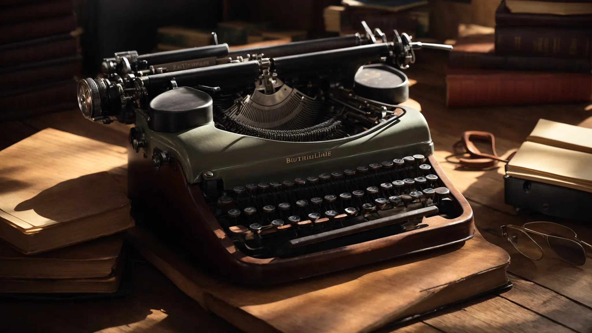a typewriter rests on an old wooden desk beside a stack of vintage books bathed in warm sunlight.