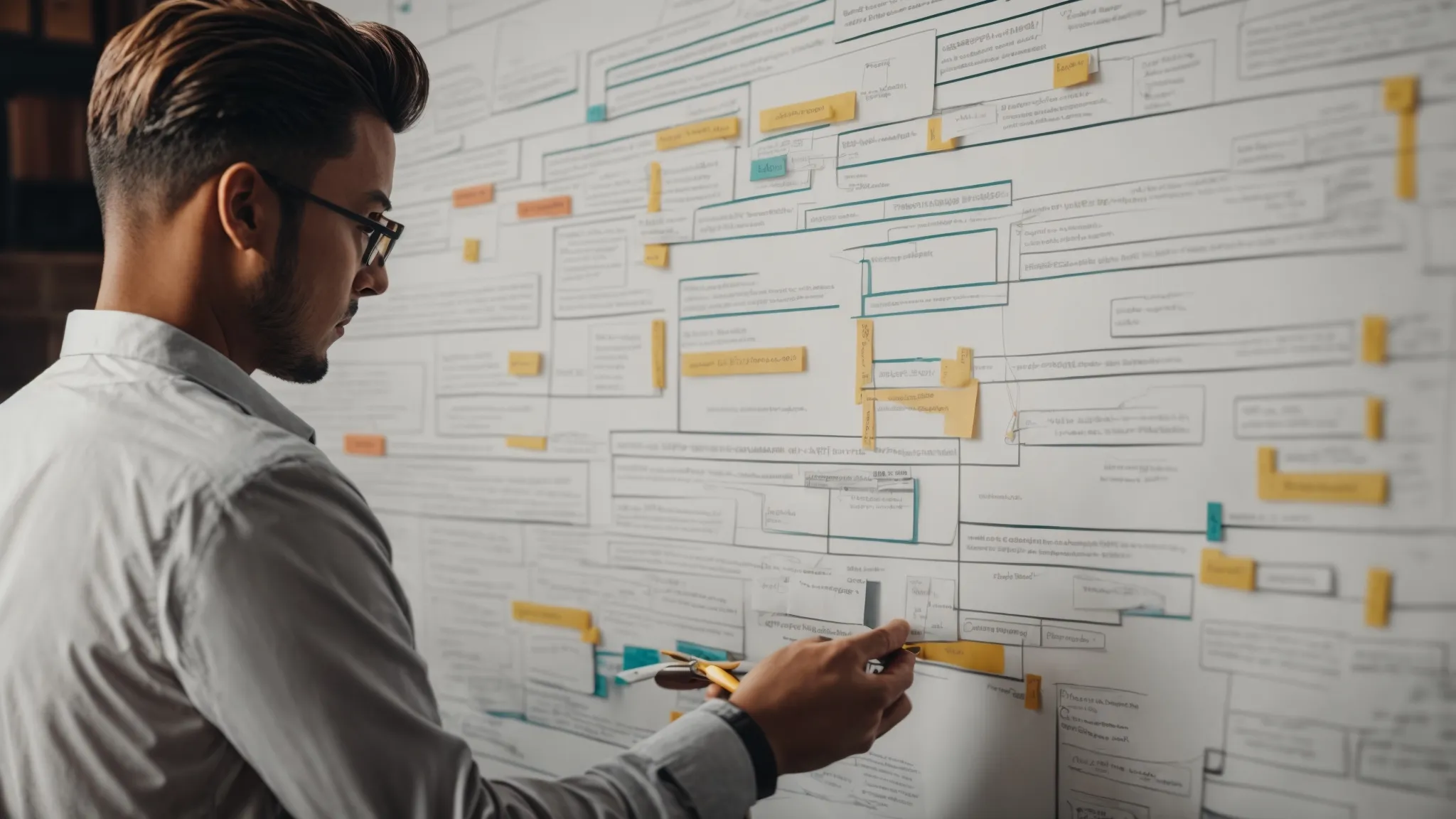 a person scrutinizing a complex flowchart that outlines a strategy for integrating keywords into a website’s design and content.