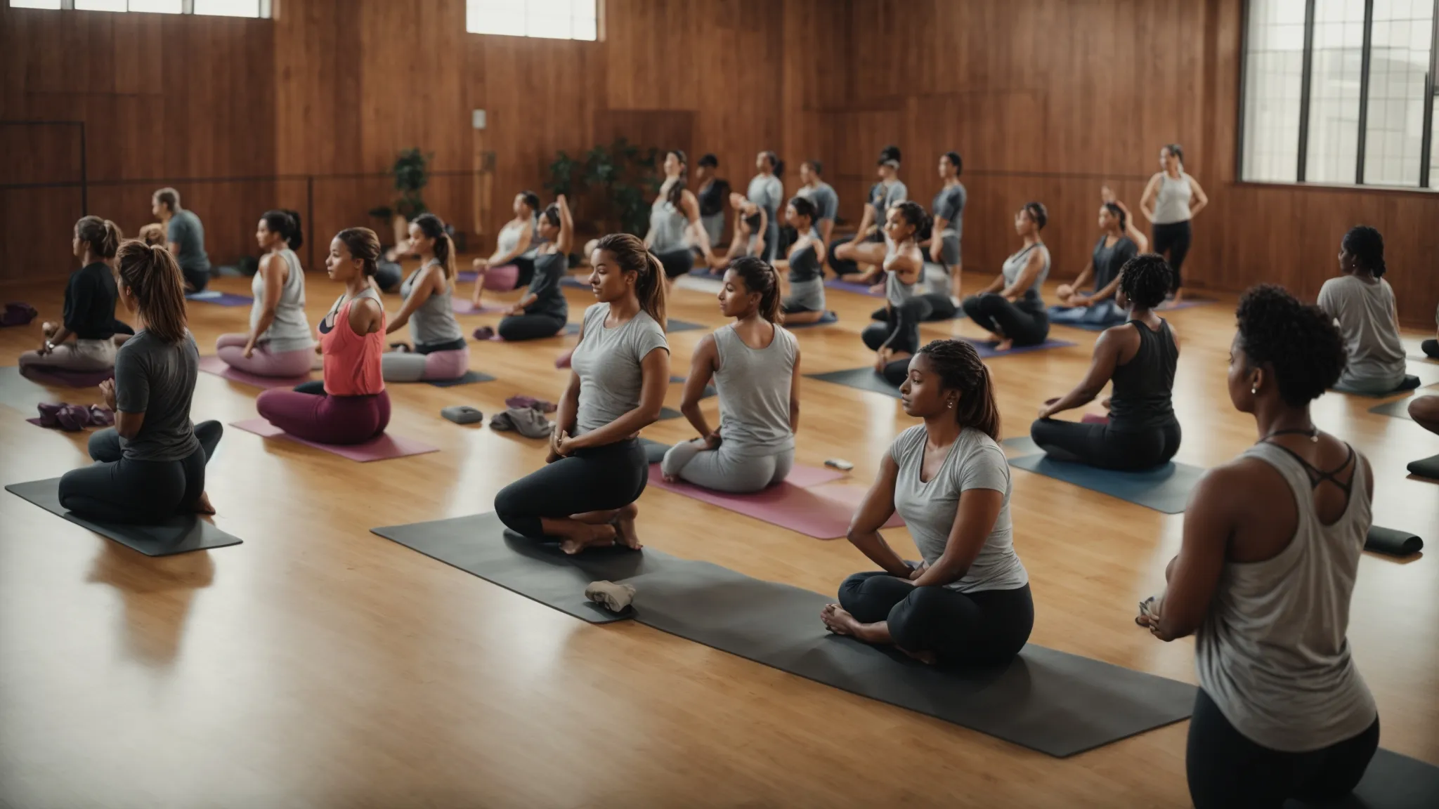 a diverse group of people collectively engaging in a yoga class in a bright, spacious gym.