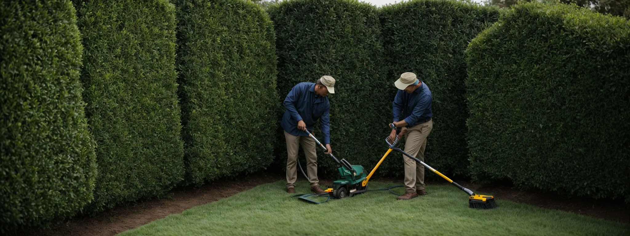 a gardener meticulously trims a lush hedge to shape its growth and enhance the garden's overall beauty.