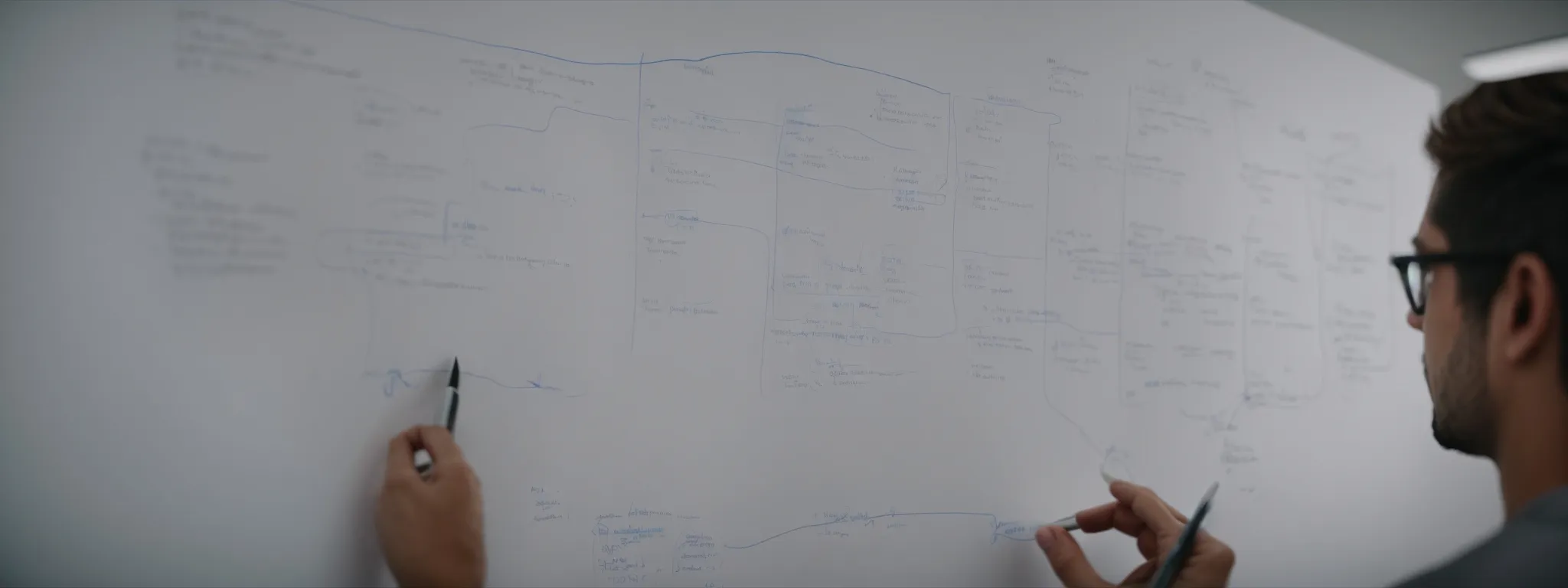 a web designer sketches a sitemap on a whiteboard to optimize website navigation.