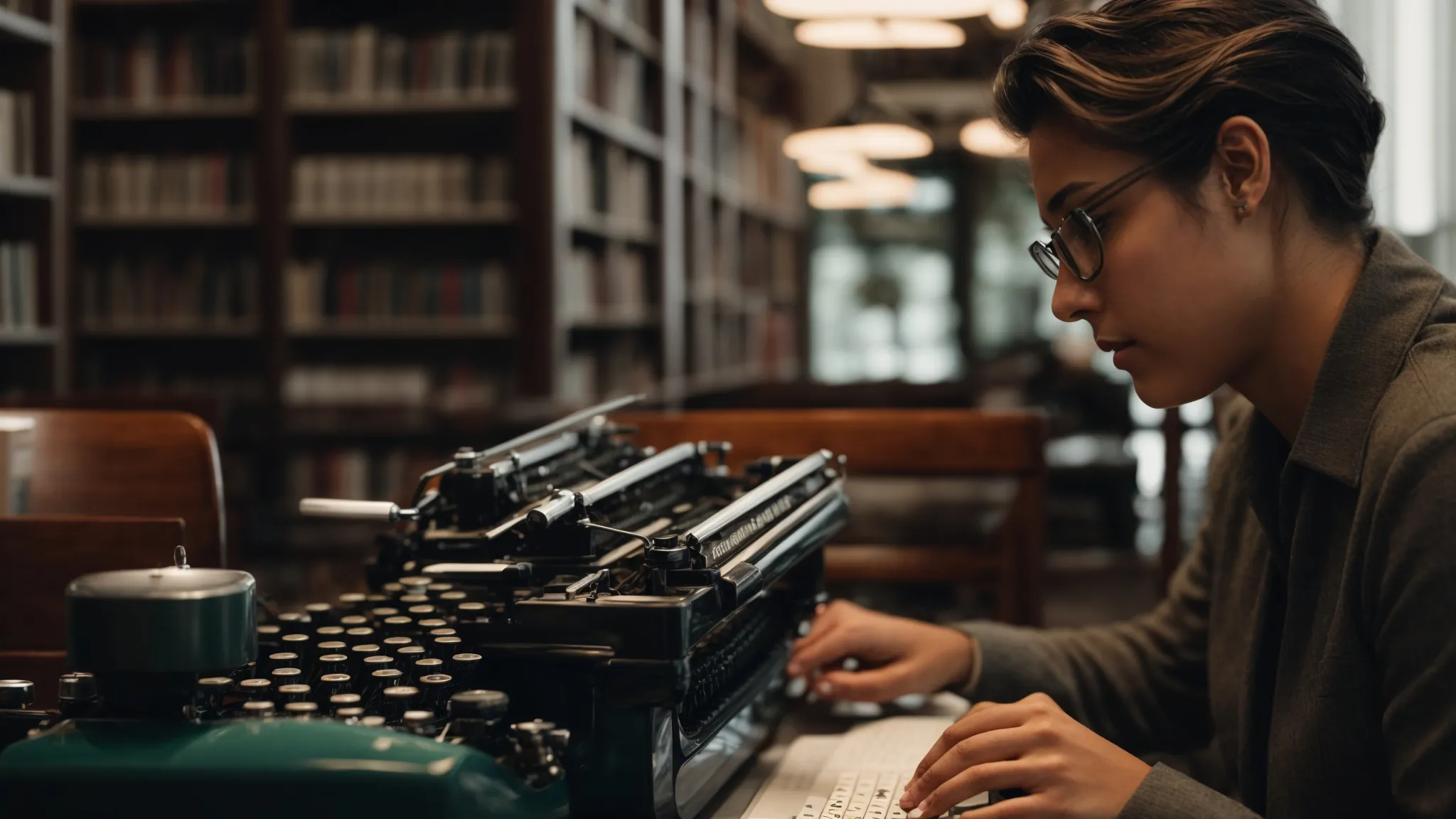 a person thoughtfully types on a vintage typewriter in a tranquil library setting, embodying the careful crafting of language.
