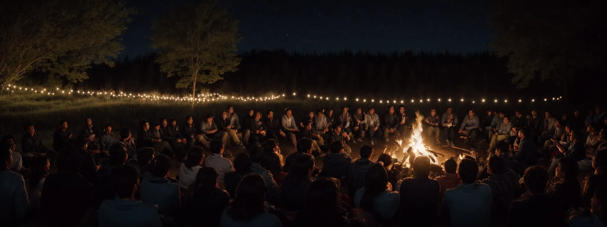 a speaker enthrals a captivated audience around a warm campfire under a starry night sky.