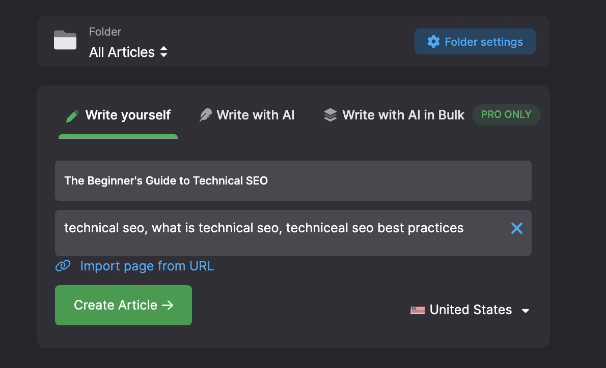 Screenshot of a writing tool interface, with options to "Write yourself" or "Write with AI." The selected project is titled "The Beginner's Guide to Technical SEO" and features keywords for the article. This powerful Content Optimizer ensures your SEO efforts are on point.