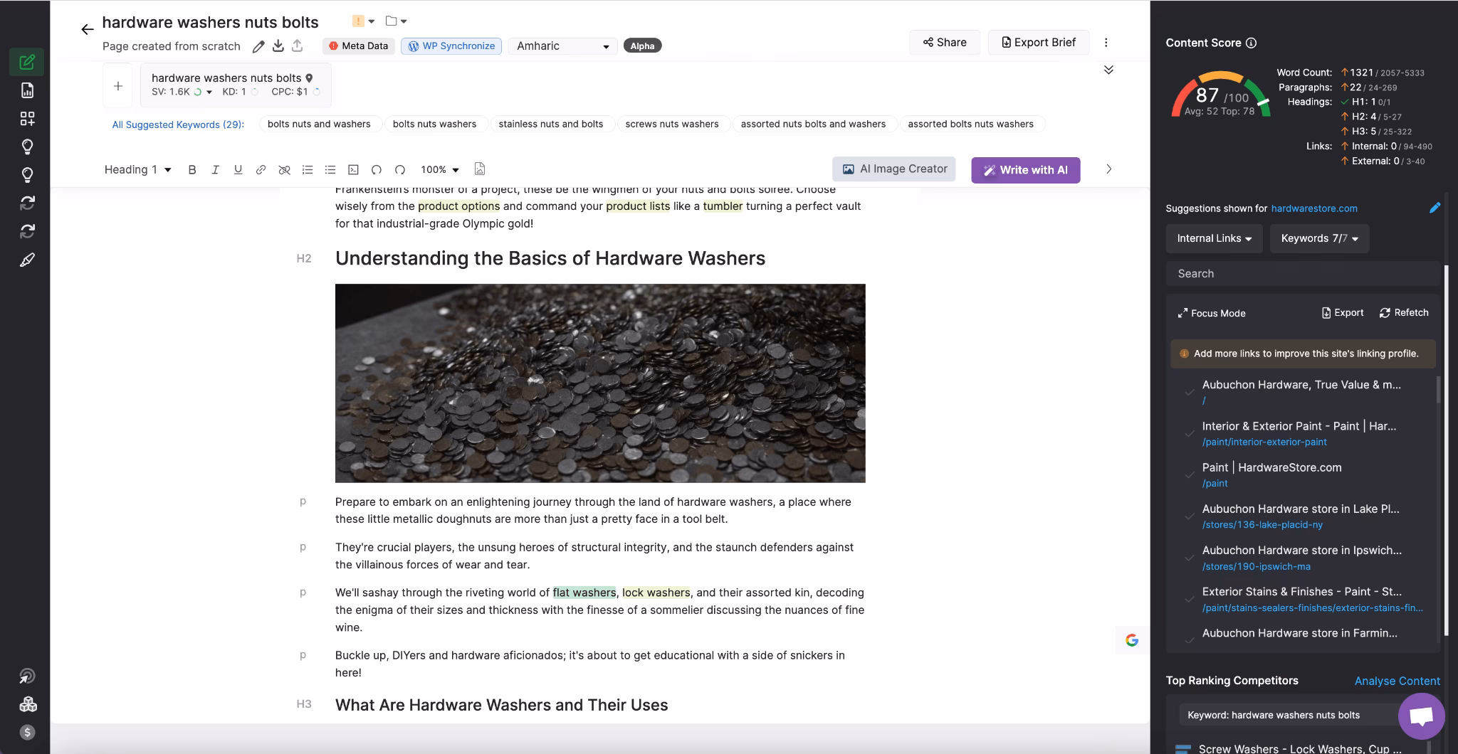 Screenshot of a document editor displaying a draft titled "Understanding the Basics of Hardware Washers," optimized using Content Optimizer, with a photo of numerous washers in the center. Text is visible on both sides of the interface.