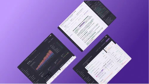 Three floating digital tablets displaying code, analytics, and enterprise SEO software interfaces on a purple background.