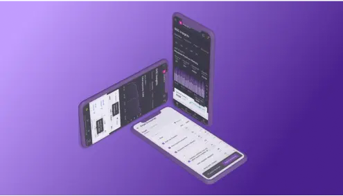 Three smartphones displaying various analytics dashboards of enterprise SEO software, arranged against a purple background.