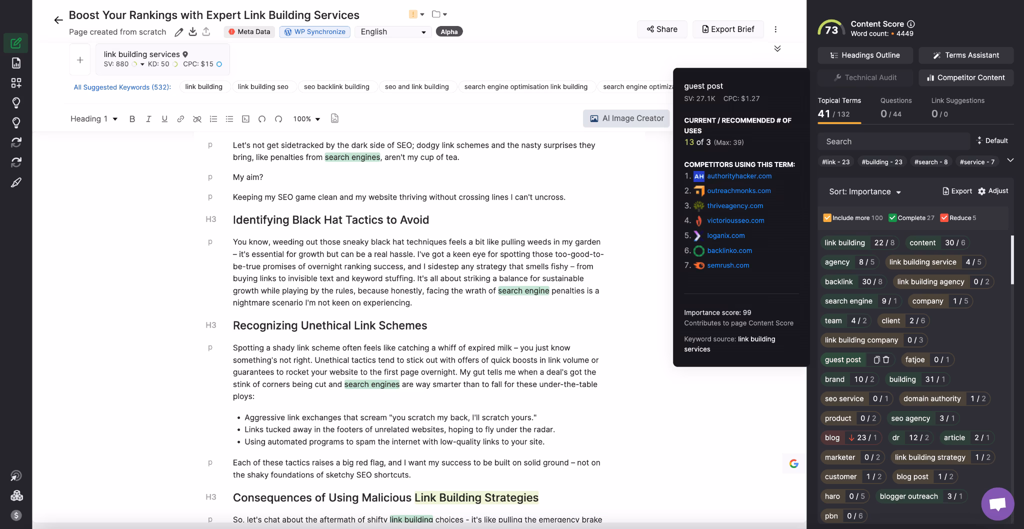 A computer screen displays an online document titled "Boost Your Rankings with Expert Link Building Services" with highlighted text, comments, and suggestions from a Content Optimizer.