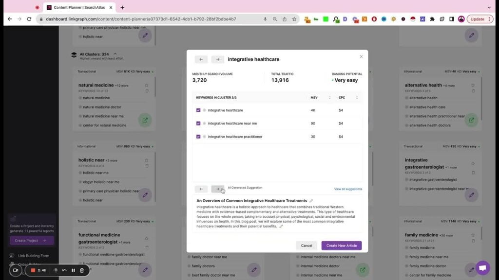 A computer screen displays a content planner dashboard with a keyword analysis pop-up for "integrative healthcare," showing monthly search volume, keyword scores, and related keywords.