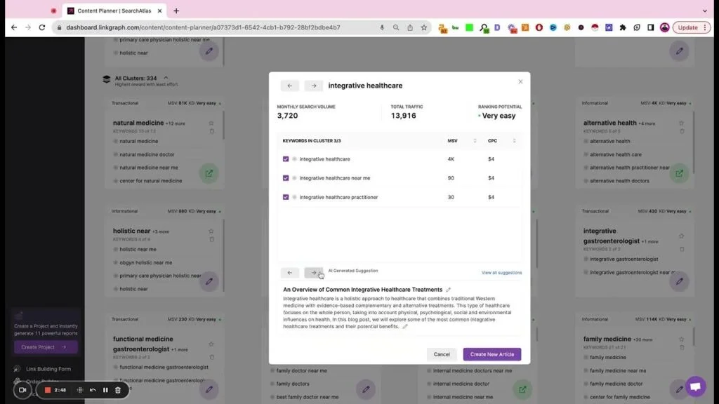 A computer screen displays a content planner dashboard with a keyword analysis pop-up for "integrative healthcare," showing monthly search volume, keyword scores, and related keywords.