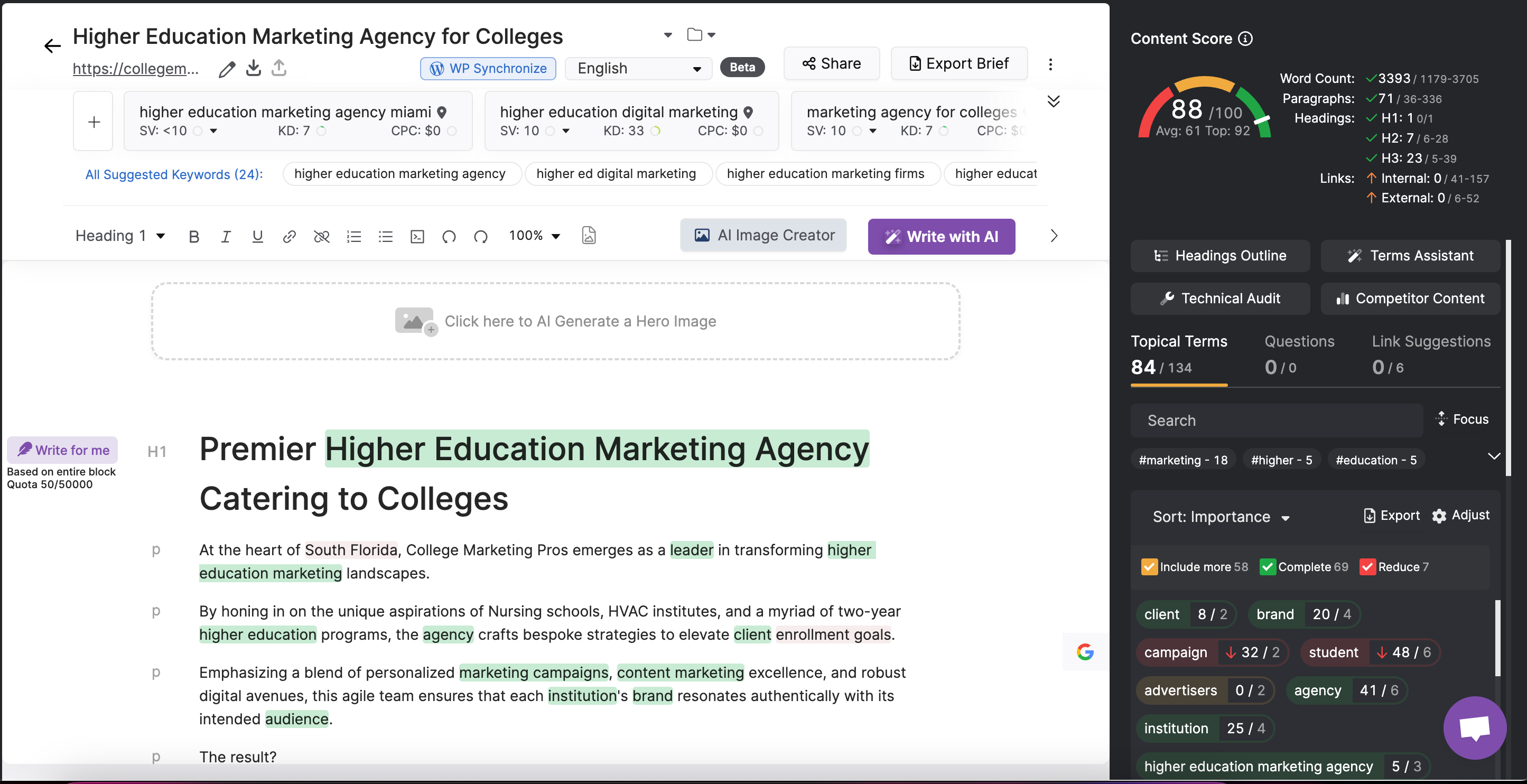 Screenshot of a content optimizer software interface with a draft article about higher education marketing displayed.