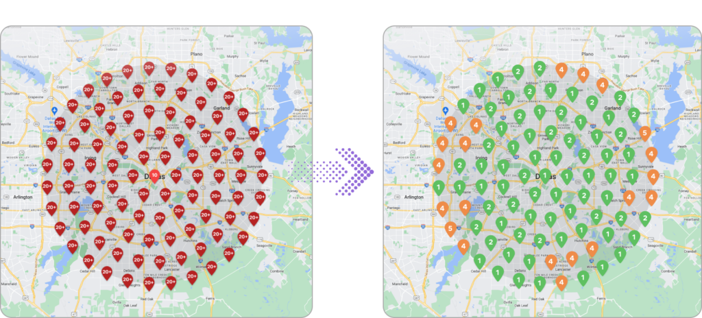 Before and after comparison of a map indicating a change from numerous red markers to a variety of green, orange, and blue markers during an onpage audit.
