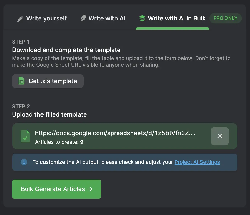 Upload your template into the Bulk AI Writer