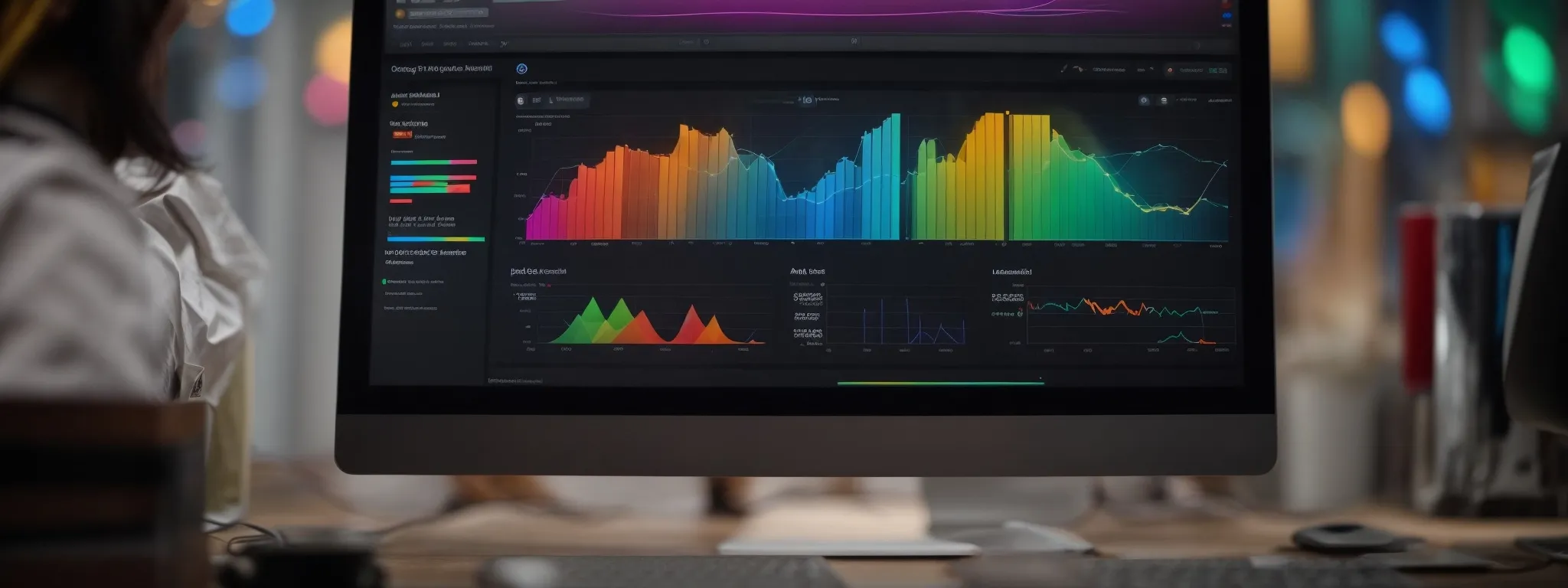 a laptop displaying colorful analytics charts on seo performance on its screen, with the searchatlas logo illuminated.
