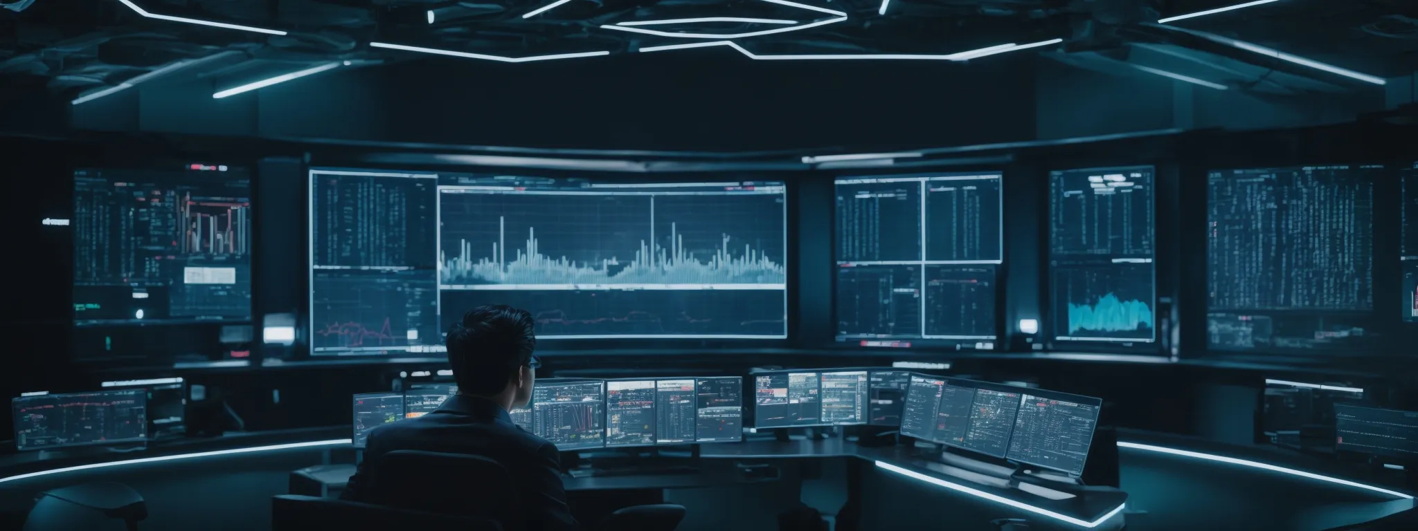 a visionary sitting at a futuristic control panel, surrounded by screens displaying seo data trends and analytics.