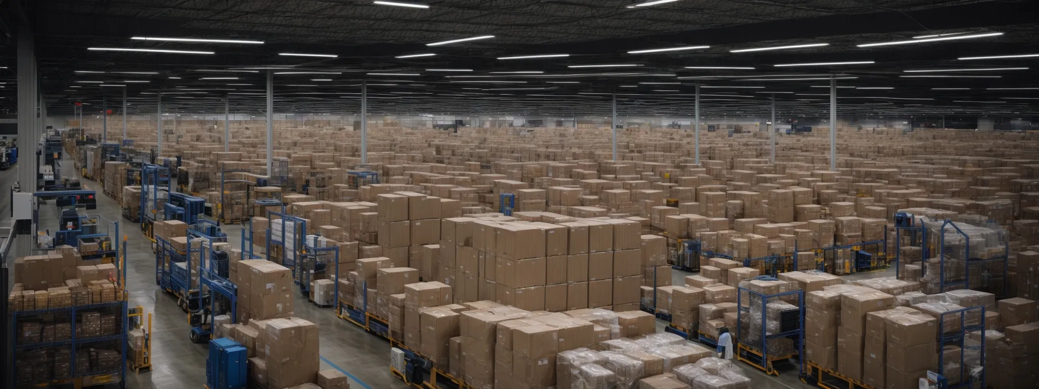 a bustling amazon warehouse with a dense array of products organized for shipping.