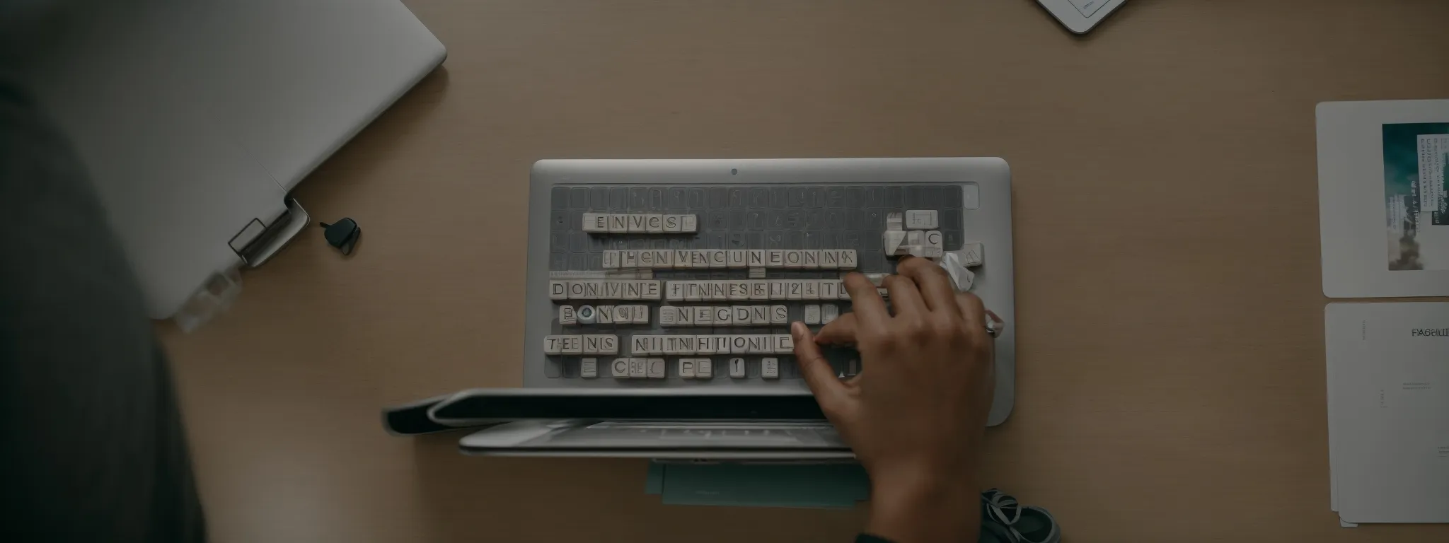 a person sits at a minimalist desk, thoughtfully placing scrabble tiles with keywords into an open laptop screen displaying an article draft.