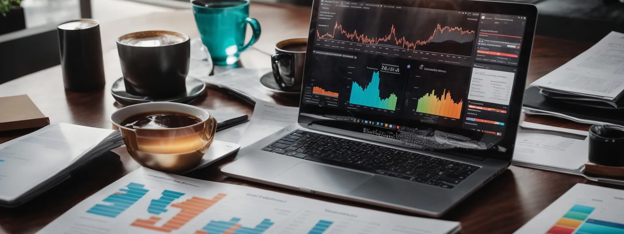 a laptop displaying vibrant analytics graphs is surrounded by marketing reports and a cup of coffee on a modern workspace, symbolizing strategic market analysis.